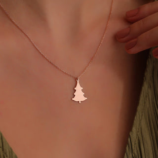 Solid Gold Plain Minimalist Xmas Tree Charm Pendant Necklace